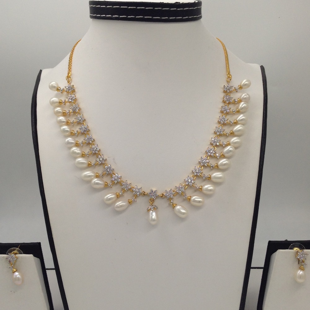 White CZ Stones And Freshwater Tear Drop Pearls Necklace Set JNC0064