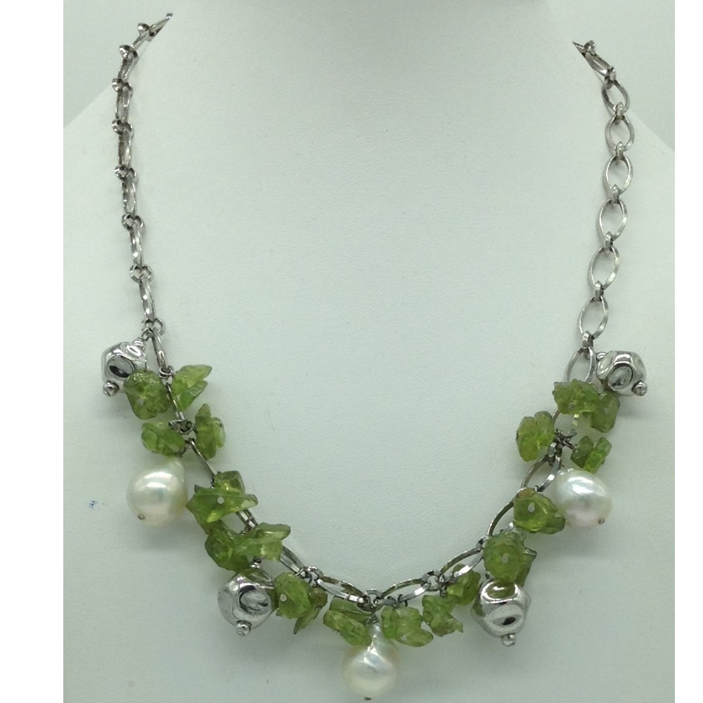 Freshwater white pearls and peridot silver necklace set jnc0077