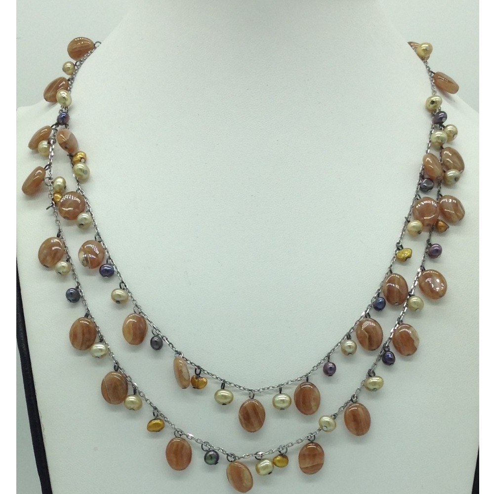 Freshwater pearls and brown semi drops silver necklace set jnc0073