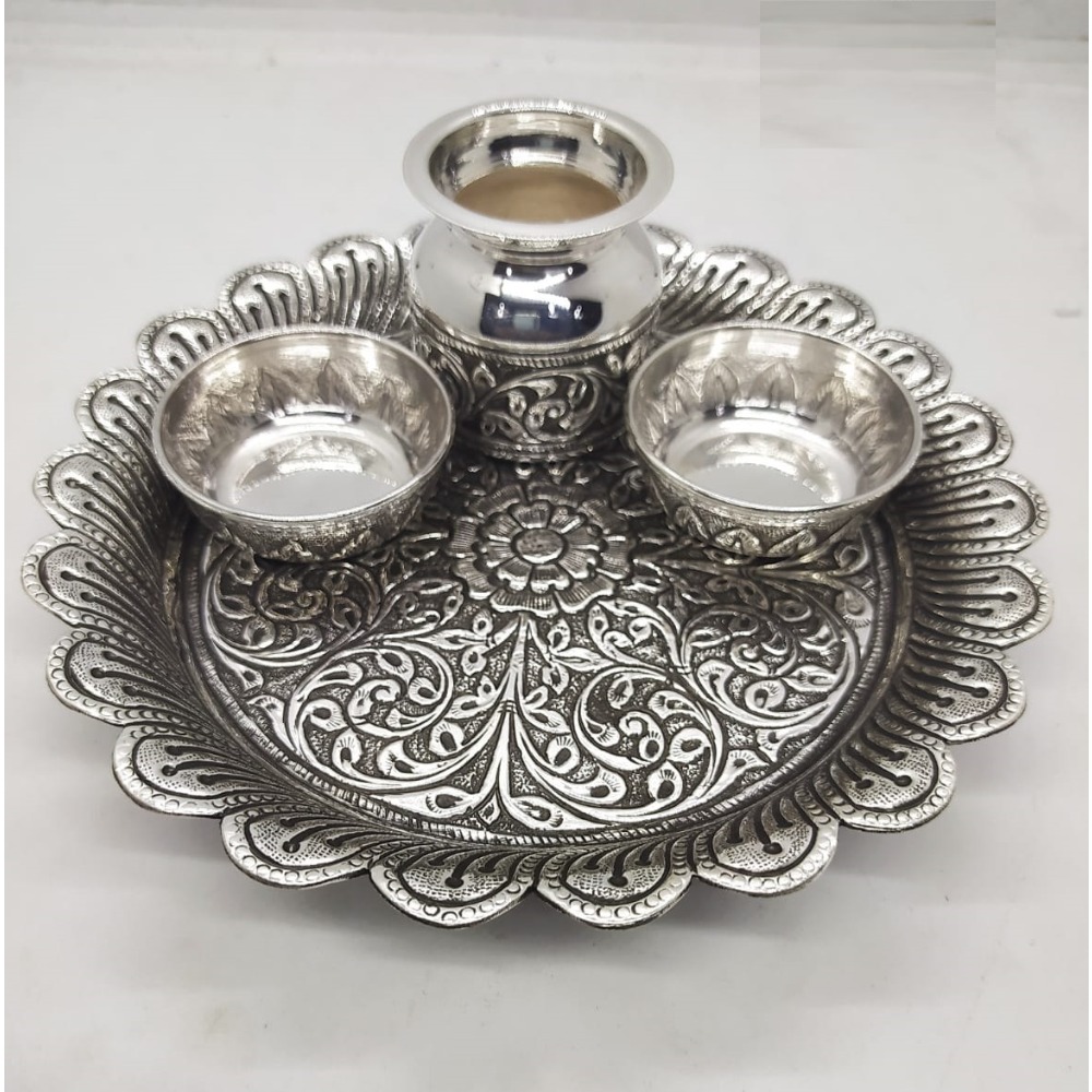 Buy quality floral base pure silver antique pooja thali set by puran in ...