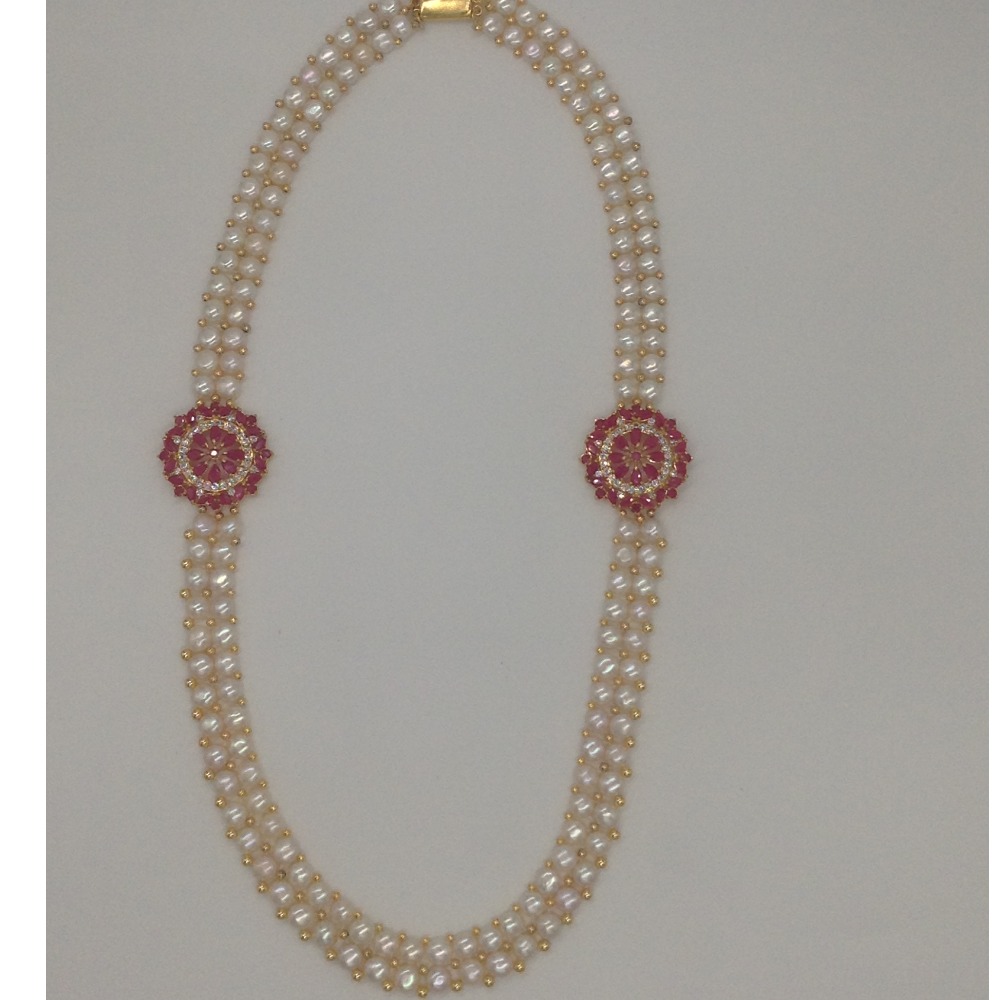 White And Red CZ Broach Set With 2 Line Button Jali Pearls Mala JPS0235