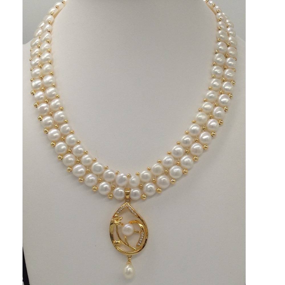 White cz pendent set with 2 line button pearls mala jps0382
