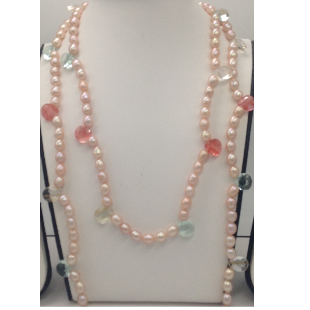 pink oval pearls long Mala with faceted cz drops JPM0256