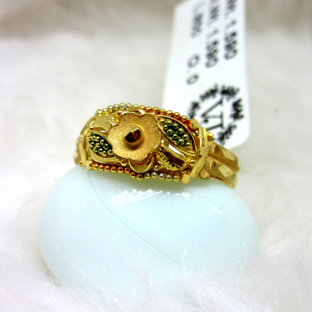 22Kt Fancy Gold Ring - RiLg2860 - 22Kt Gold Fancy ladies ring with hanging  dangling, pearl and color cubic zircon on it.