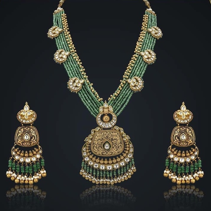22K Gold Antique Green Pearl Necklace Set From Rajkot