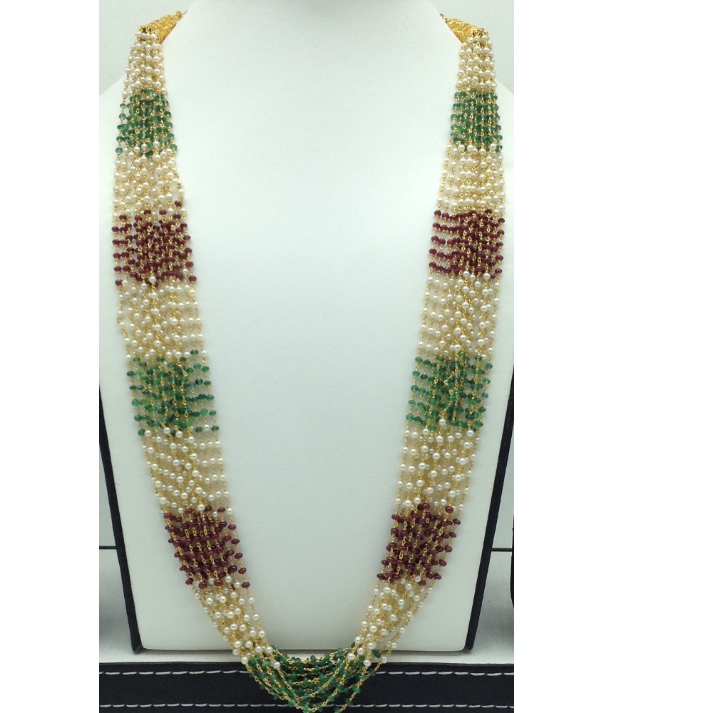 Round Pearls with Ruby,Emeralds 15 Lines Gold Taar Necklace JGT0032