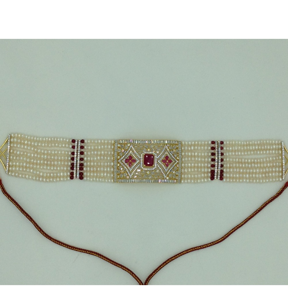 White and Red CZ Choker Set With 8 Line Flat Pearls Mala JPS0651