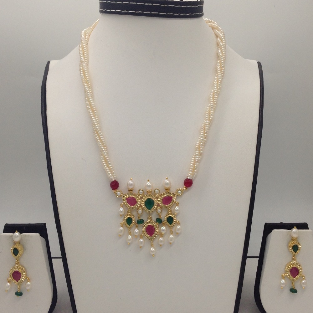 Green, red cz timmaniya set with 3 line seed pearls jps0432