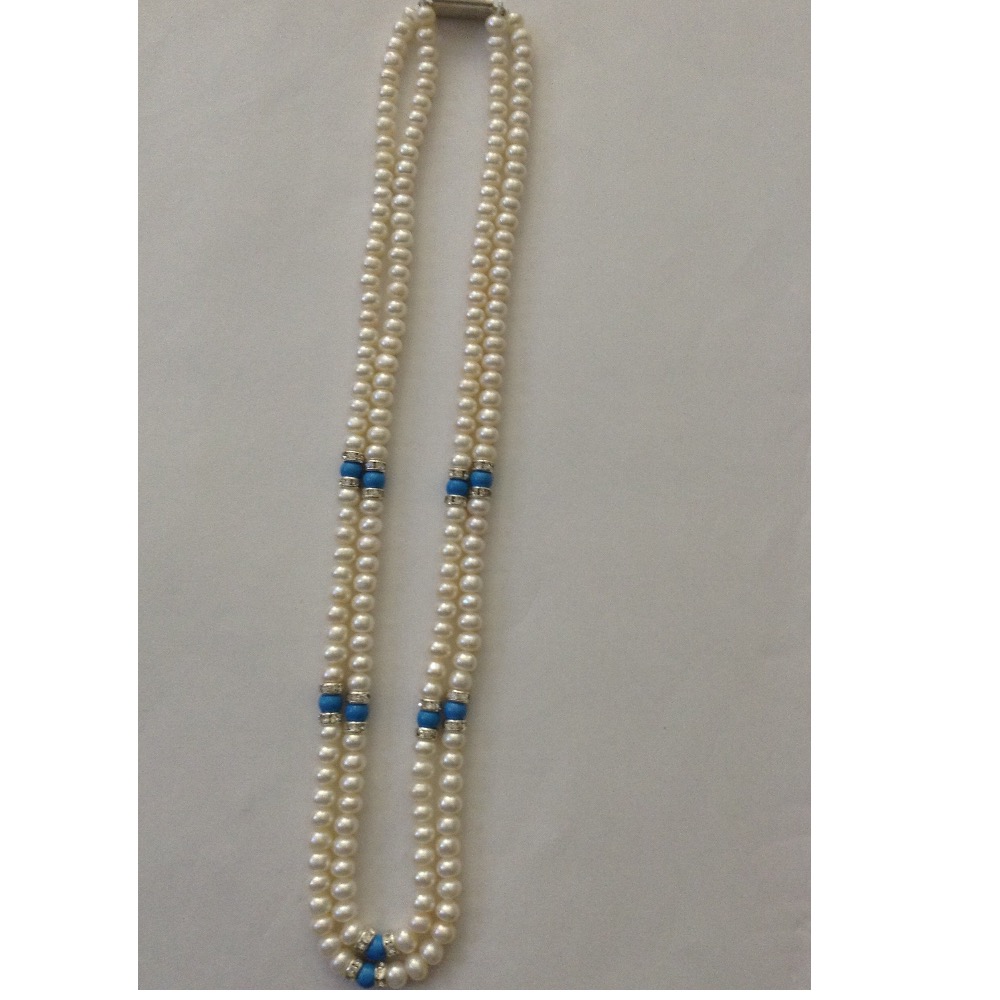 White Flat Pearls Necklace With CZ Chakri 2 Layers JPM0086