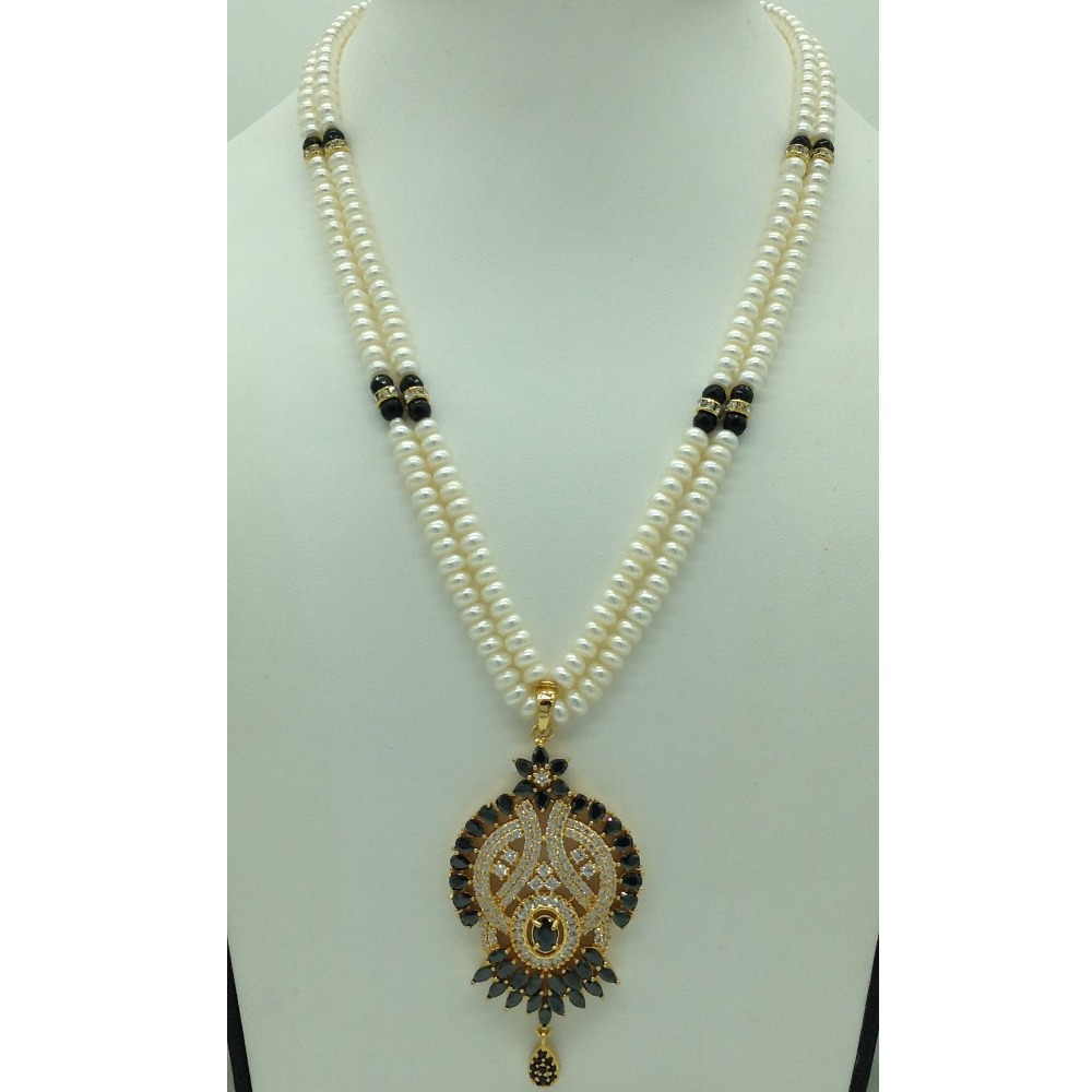 White;black cz pendent set with 2 line flat pearls jps0634