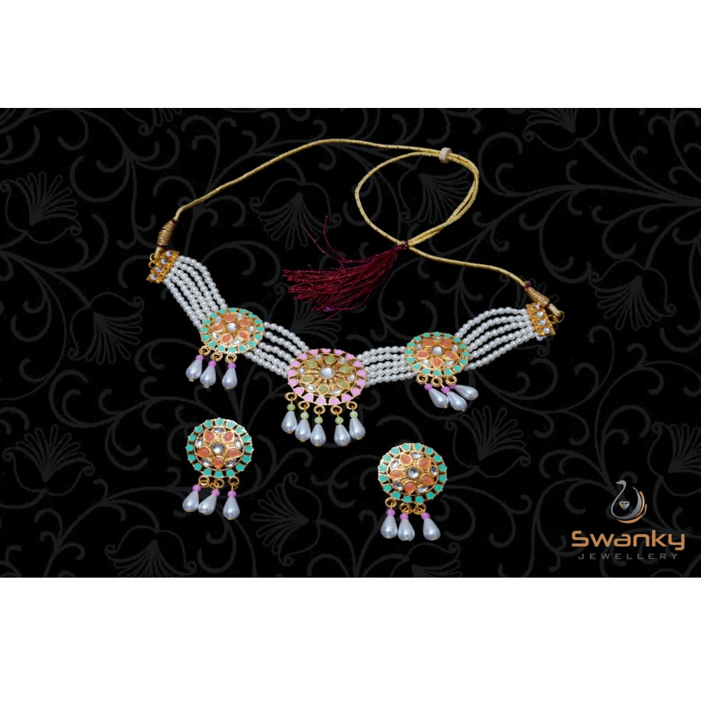 Attractive white pearl moti set with colourfull mina & glass beads