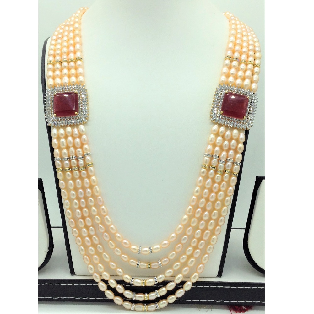 White ,Red CZ Brooch Set With 5 Lines Orange Pearls Mala JPS0707