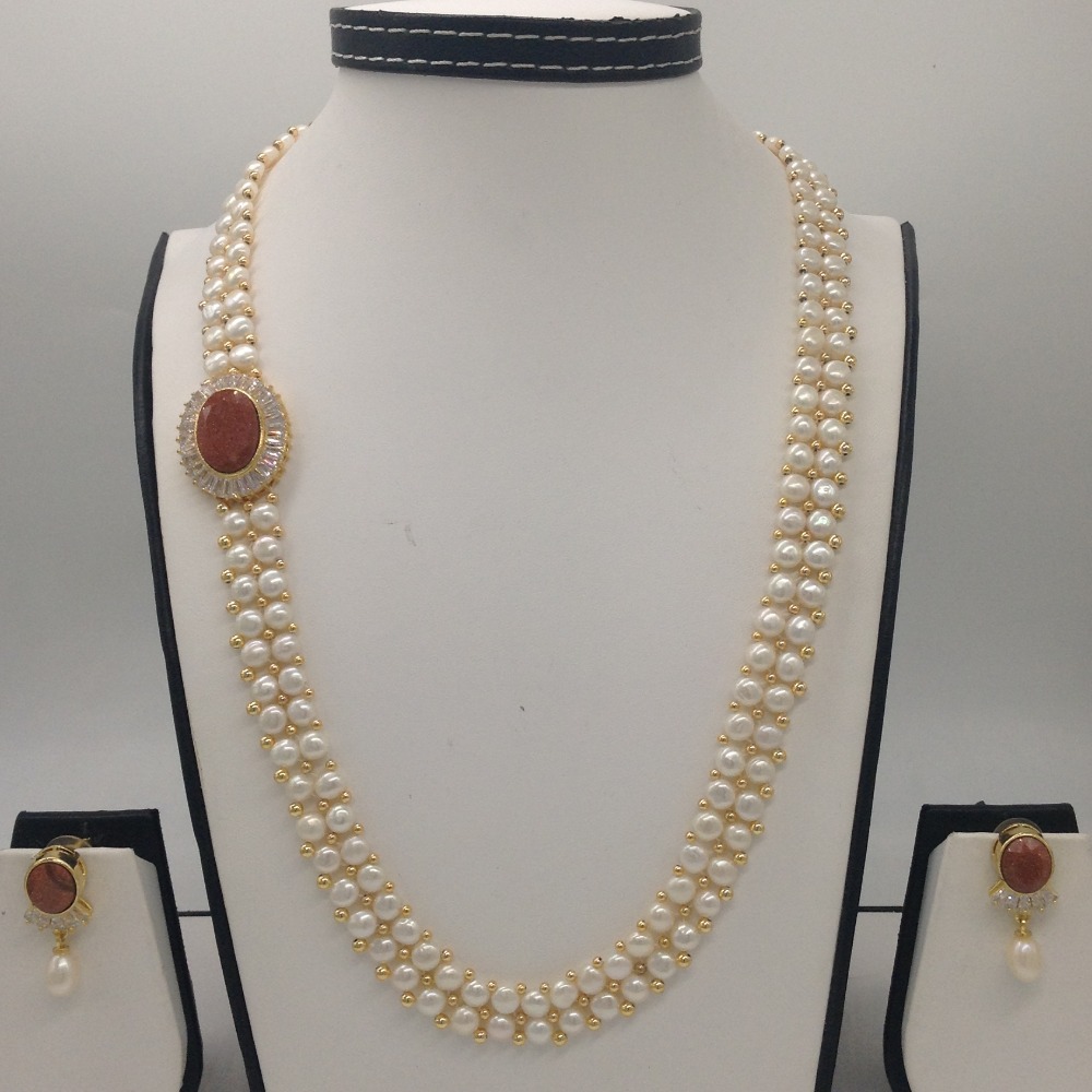White CZ And Sandstone Broach Set With 2 Line Button Jali Pearls Mala JPS0222