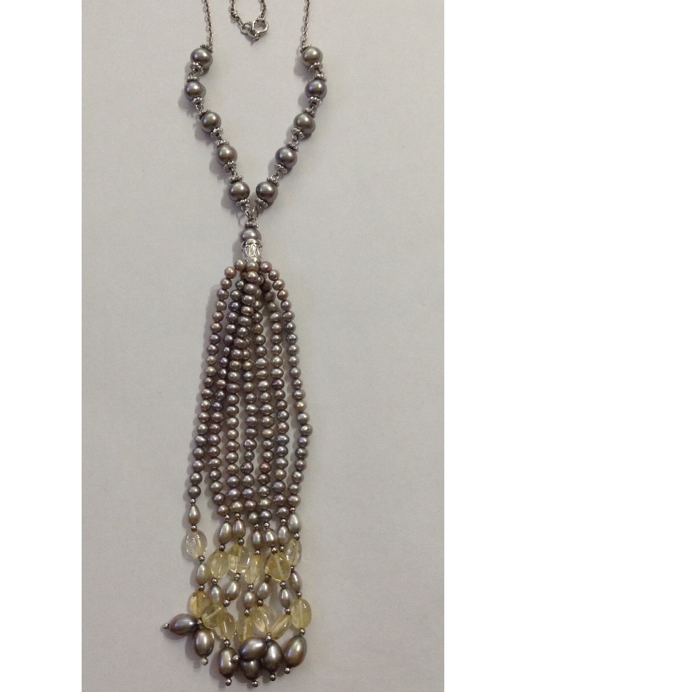 Freshwater Grey Potato Pearls Fancy Silver Necklace With Oval Citrine Beeds
