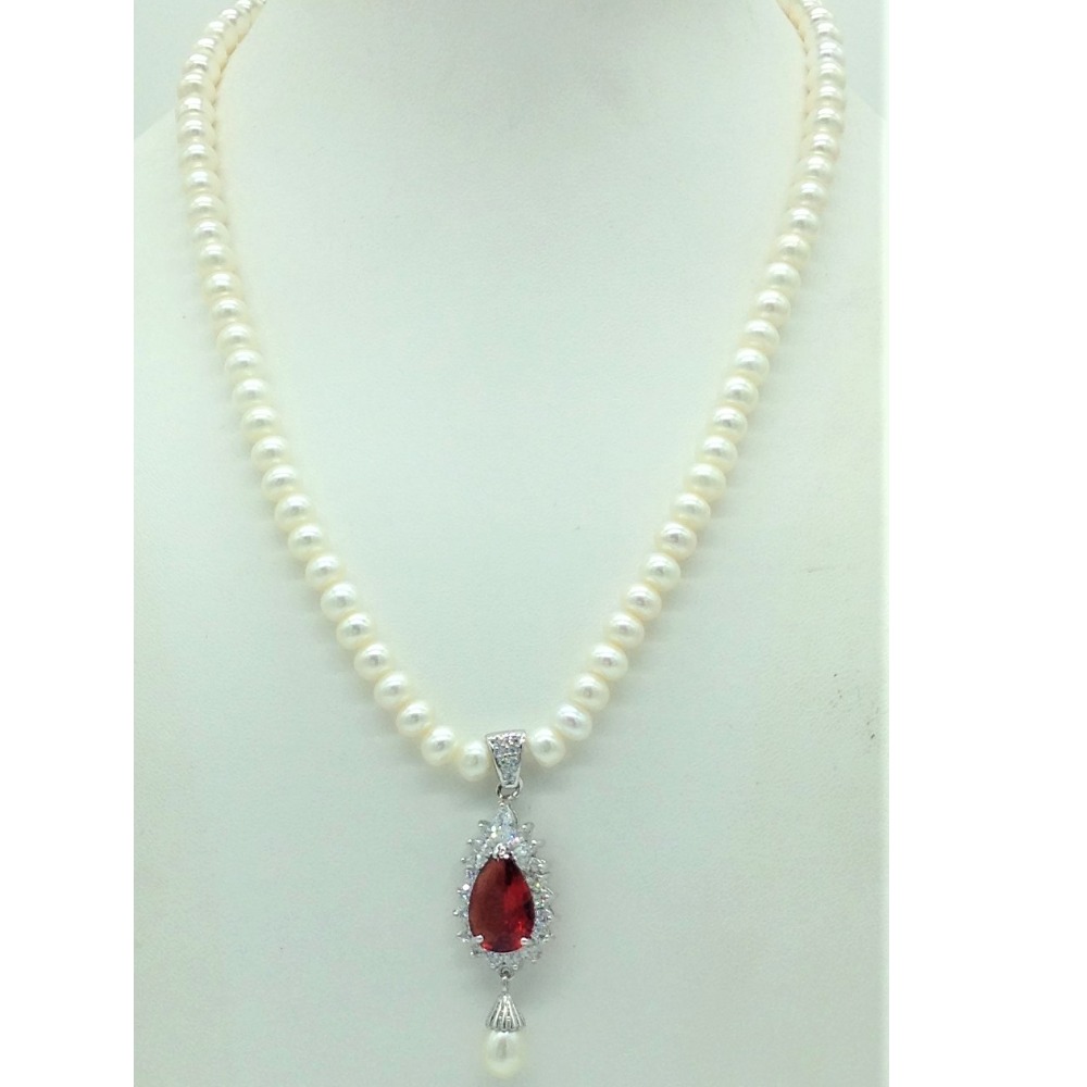 White,Red Cz Pendent Set With 1 Line Flat Pearls Mala JPS0730