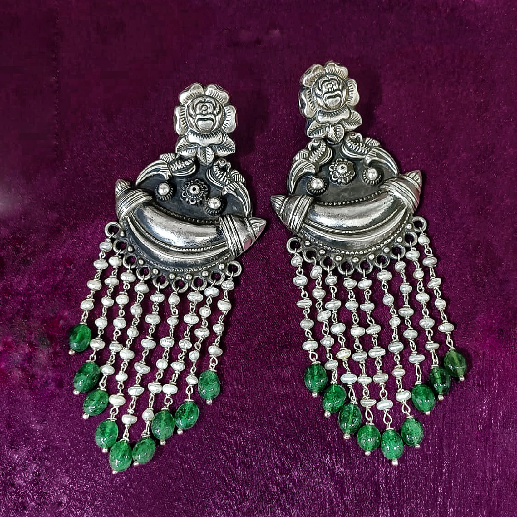 Designer Pure Silver Earrings In Antique Work