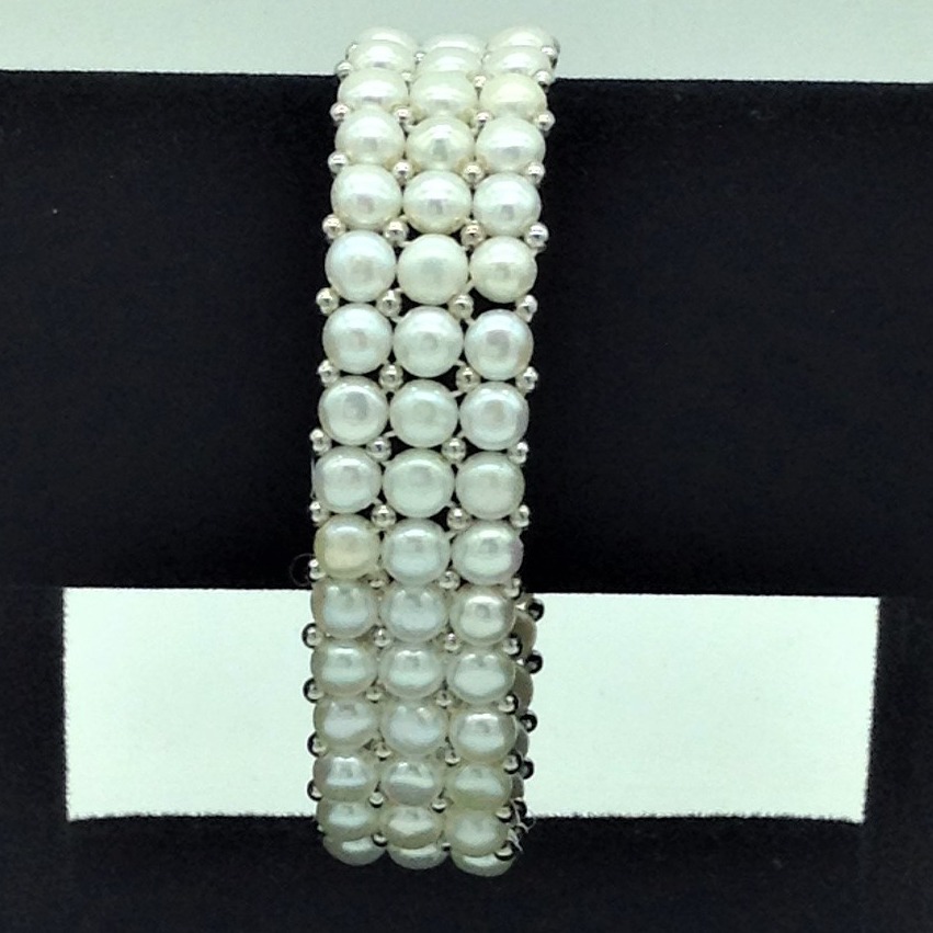 Button Pearls & White Jaco Balls 3 Layers Elastic Bracelet JBG0314