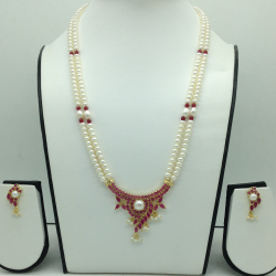 Red Cz Pendent Set With 2 Line Flat Pearls Mala JPS0746