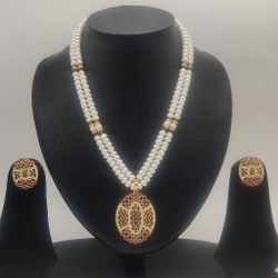 White Red Cz Stones Pendent Set with Pearls Mala JPS1021
