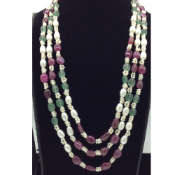 White Oval Pearls with Red,Green Beeds 3 Layers Mala JPM0528