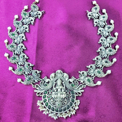 Mesmerizing Pure Silver Lakshmi Necklace with Peacock Motifs
