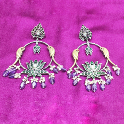 Pure Silver Temple Earrings with Lotus And Parrot Motifs