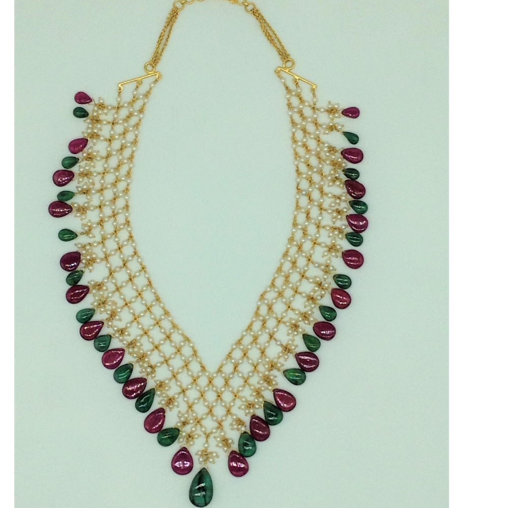Round Pearls with Ruby,Emeralds Gold Taar Necklace JGT0031