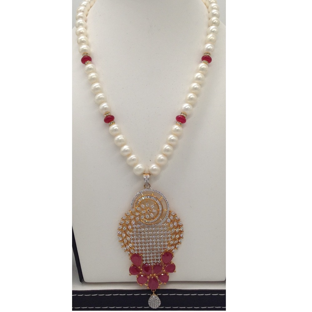 White;red cz pendent set with 1 line round pearls jps0296