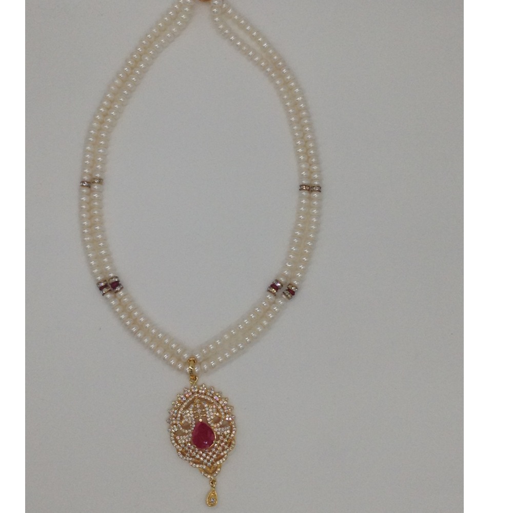 White;red cz pendent set with 2 line flat pearls jps0316