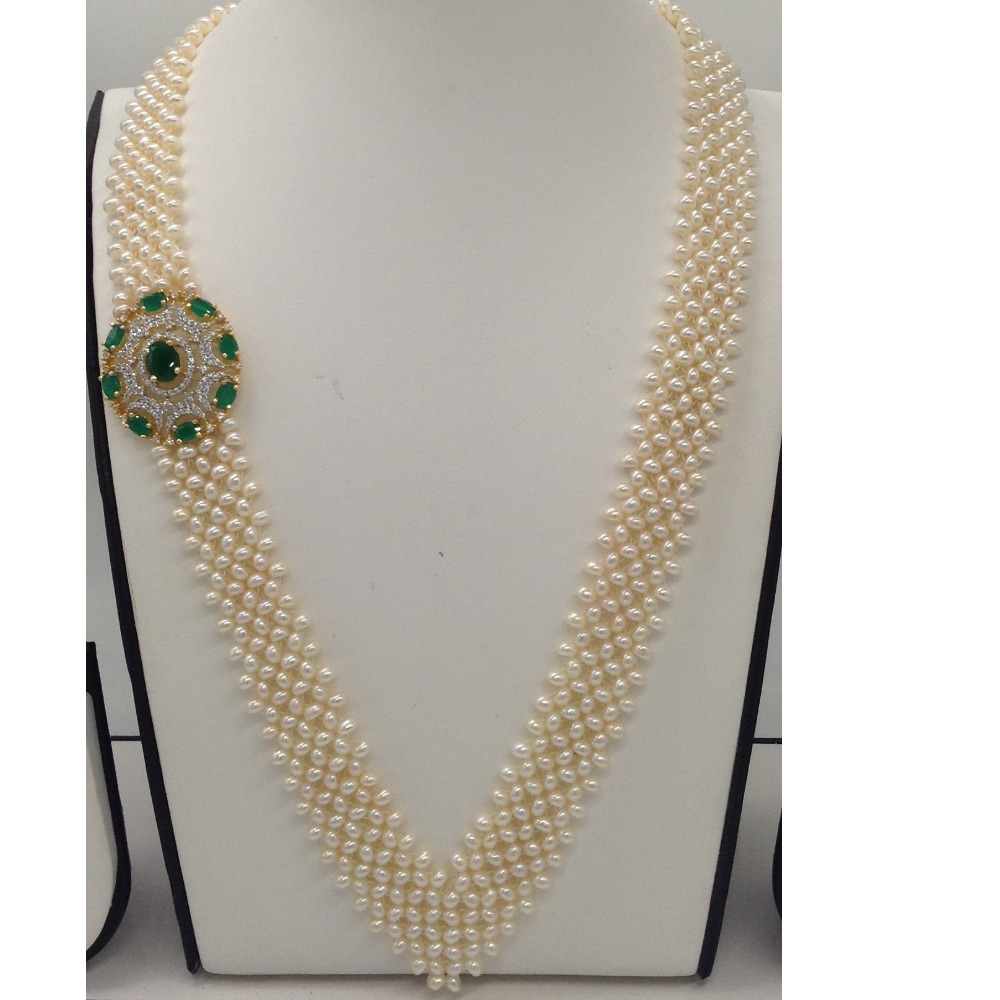White And Green CZ Broach Set With Seed "V" Jali Pearls Mala JPS0369