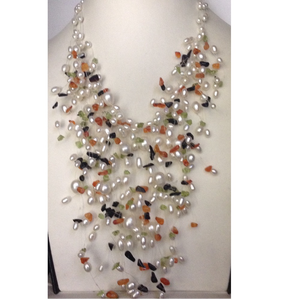 Freshwater White Oval Pearls Jhalar Wire Necklace with Multicolour Semi Precious Chips