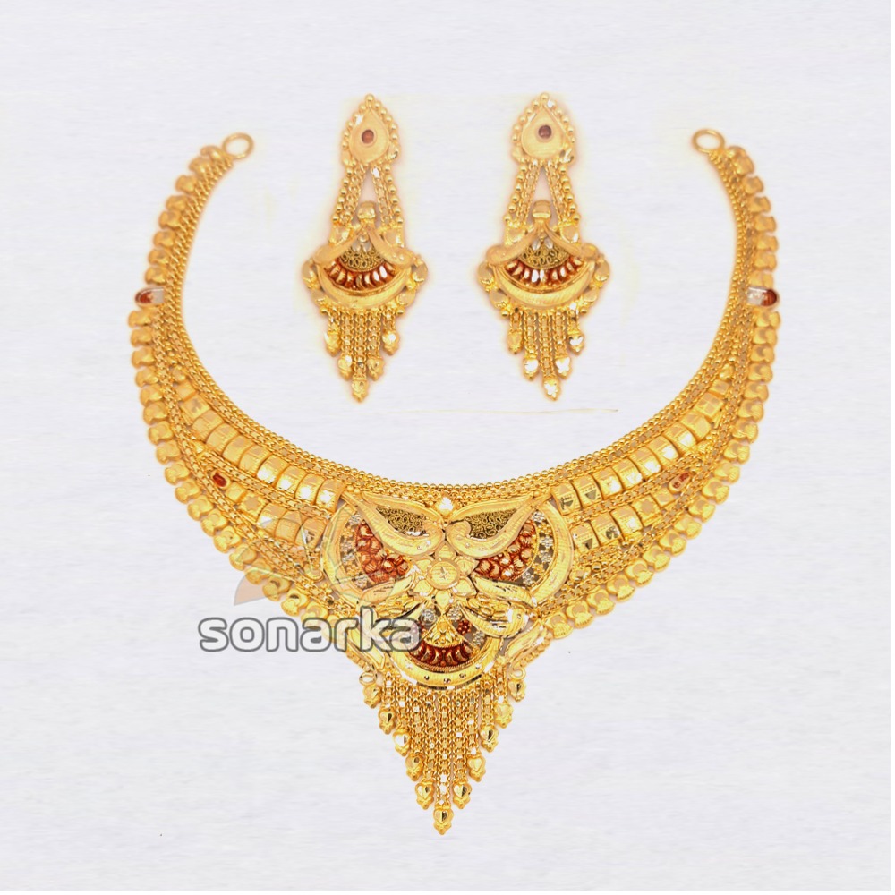 22KT Plain Gold Bridal Necklace Set For Women