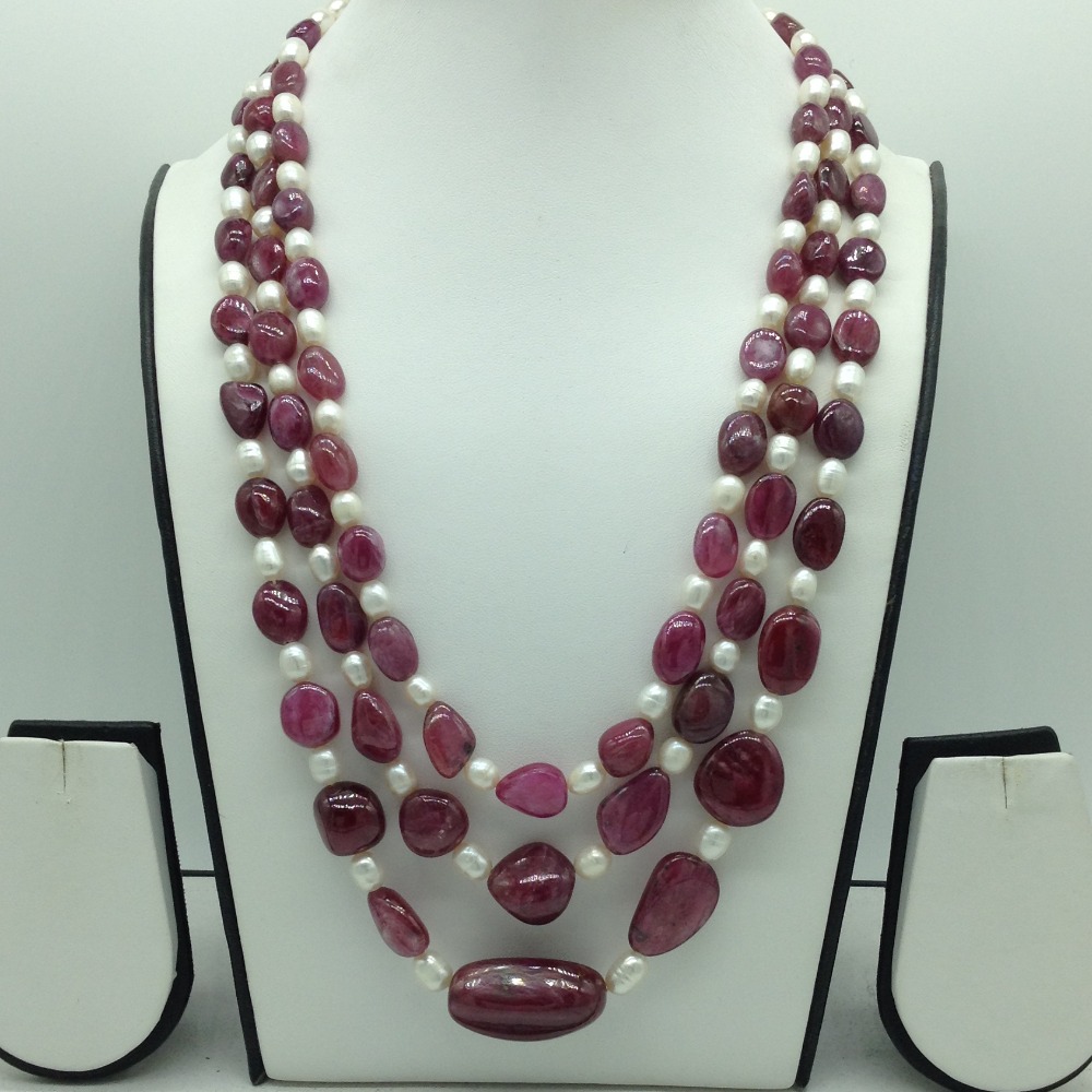 White Pearls with Red Ruby Oval 3 Layers Necklace JPM0490