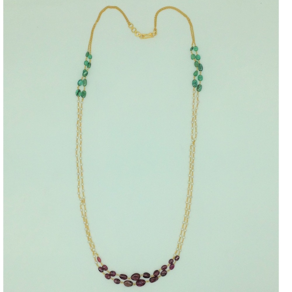 Round Pearls with Ruby, Emeralds Gold Taar Necklace Set JGT0026