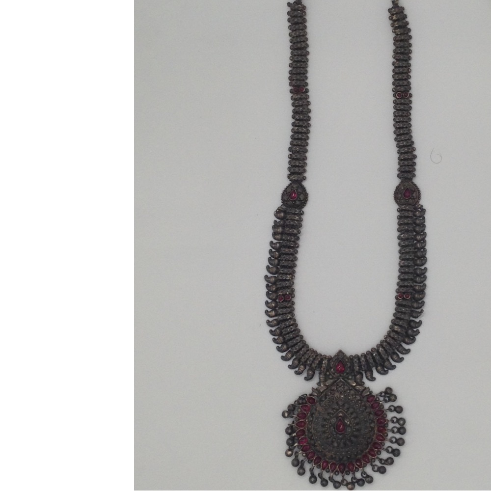 Silver 925 Oxidised Long Necklace Haar with Ruby Stones JNC0019