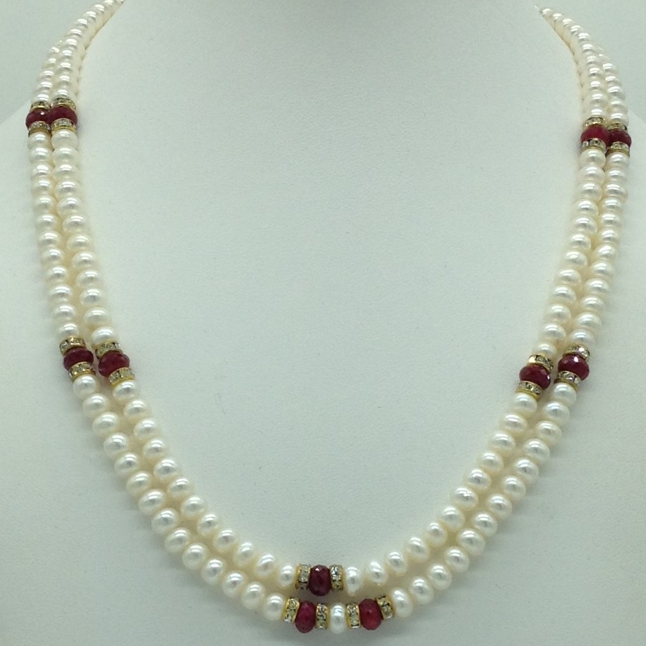Freshwater flat 2 lines pearls with red semi beeds set jpp1047