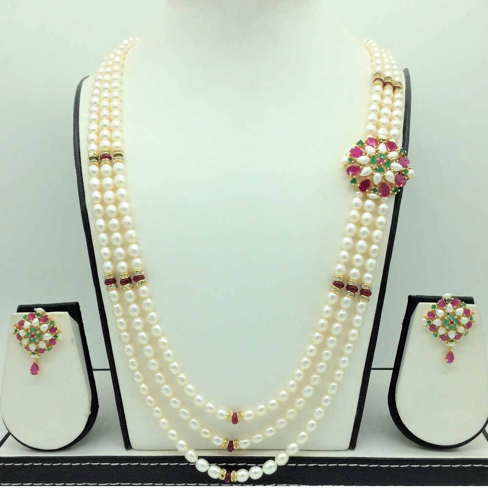 Multicolour Brooch Set With 3 Lines Oval Pearls Mala JPS0719