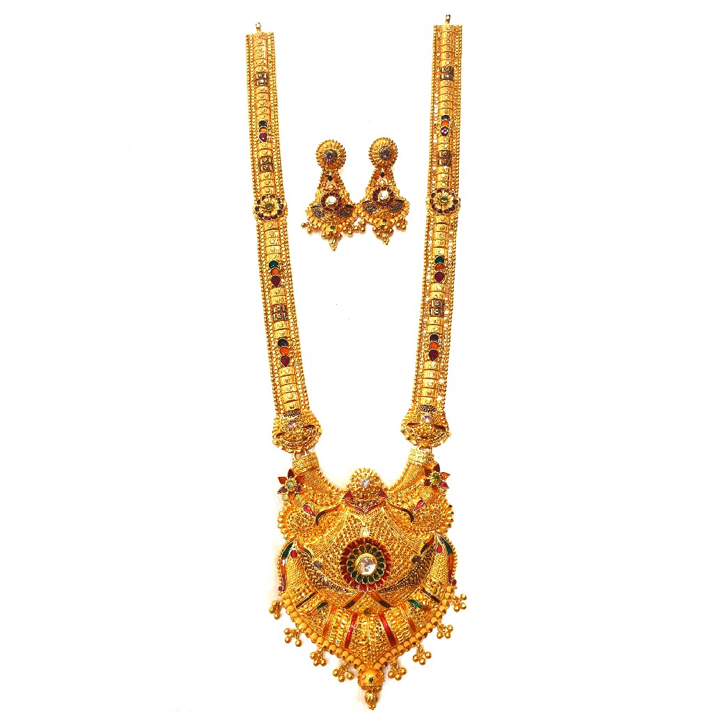 22k Gold Flower Shaped Long Necklace With Earrings MGA - GLS059