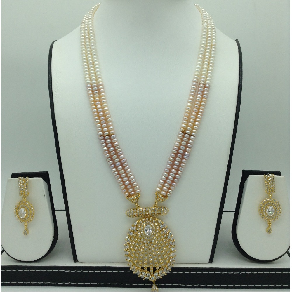 White cz exclusive pendent set with 3 line flat pearls jps0596