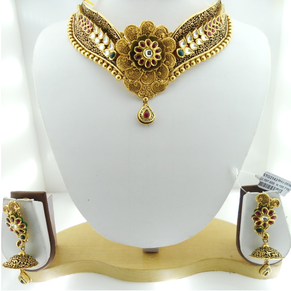 22KT Gold Antique Bridal Necklace Set RHJ-3038