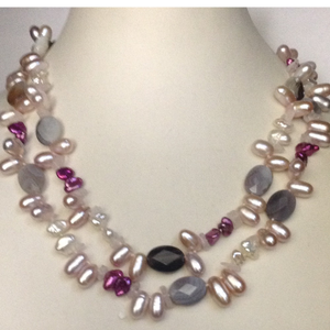 Pink Oval Pearls Necklace With Semi Precious 
