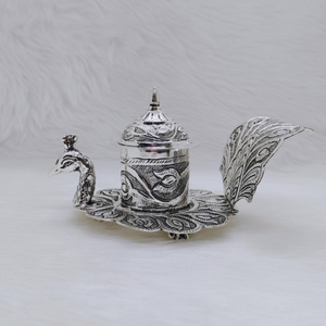 Hallmarked silver peacock shaped kumkum dibbi