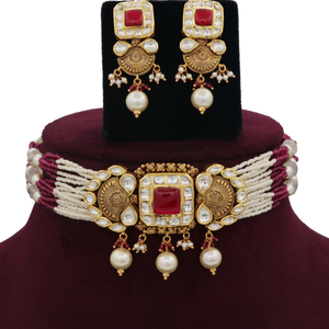 Pearl Antique Gold Studded Necklace Set AJNS2