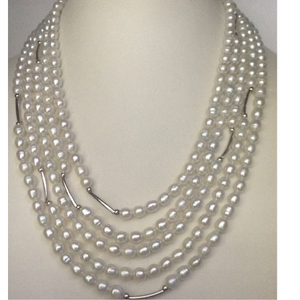 White Oval Pearls 5 Layers Necklace With Silv