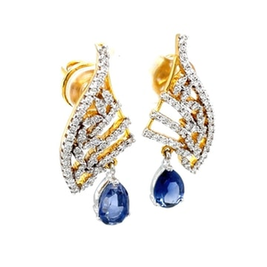 14k yellow gold blue stone diamond earrings