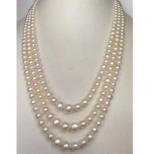 White Round Graded Pearls Necklace 3 Layers J