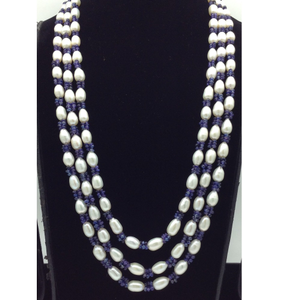 White Oval Pearls with Blue Beeds 3 Layers