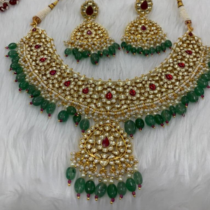 Green and red kundan pearls necklace set