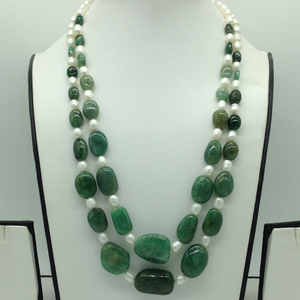 White Pearls with Green Emeralds Oval 2 Lay