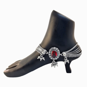 Red Stone Bridal Payal In Silver MGA - PLS426